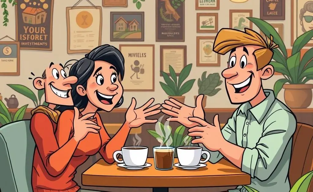 Friends discussing investments over coffee