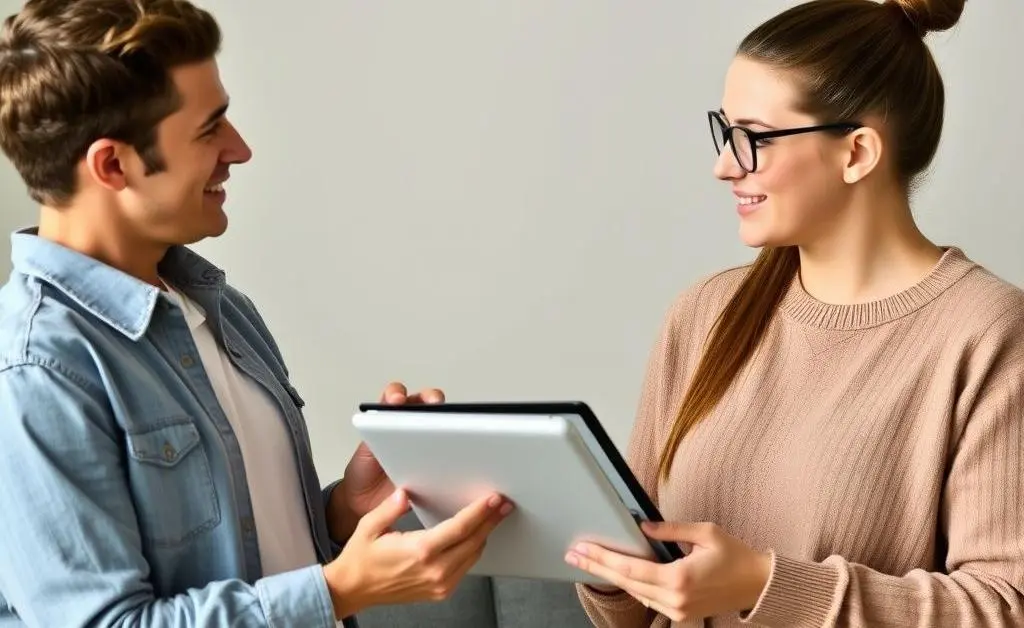 Two friends discussing FHSA options in a calm manner, with one holding a tablet showing financial graphs.