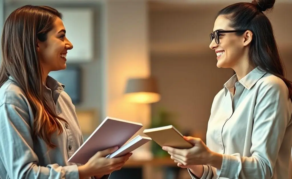 Two characters smiling during a financial discussion
