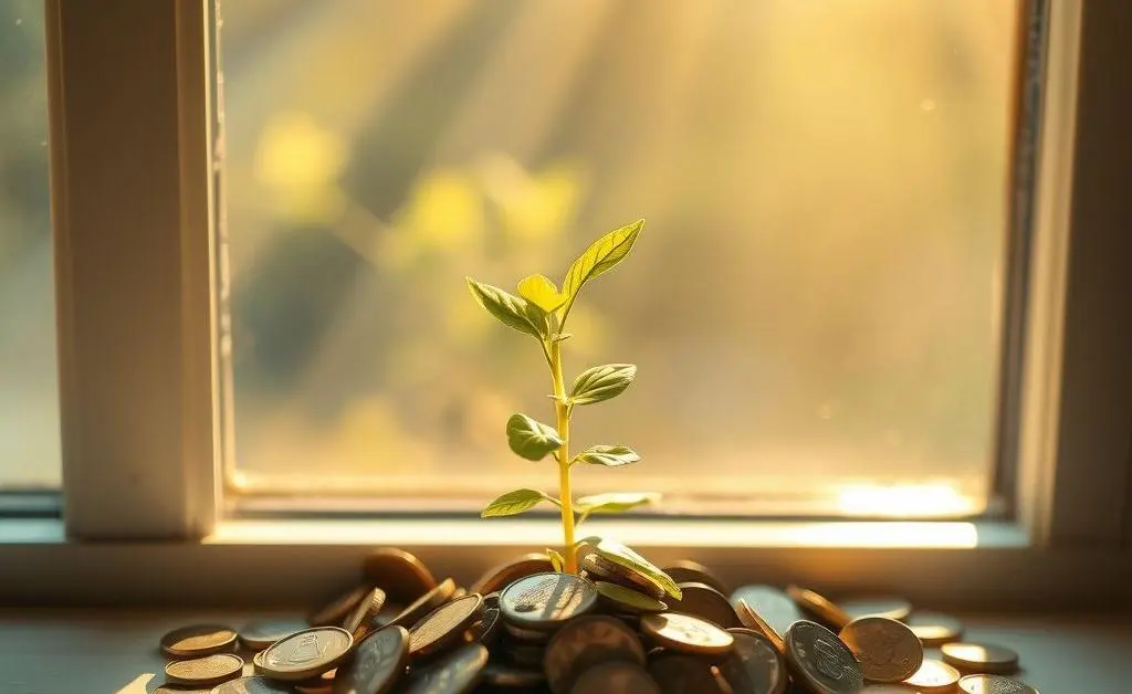 A peaceful scene of a plant growing from coins, resting on a window sill with soft sunlight.