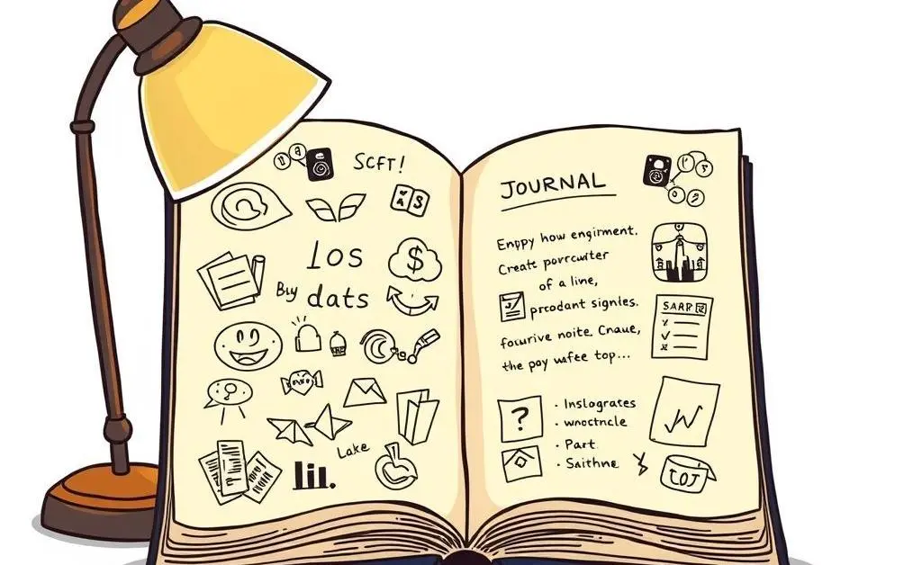 A cartoon sketch of an open journal with doodles and investment notes alongside a glowing lamp.