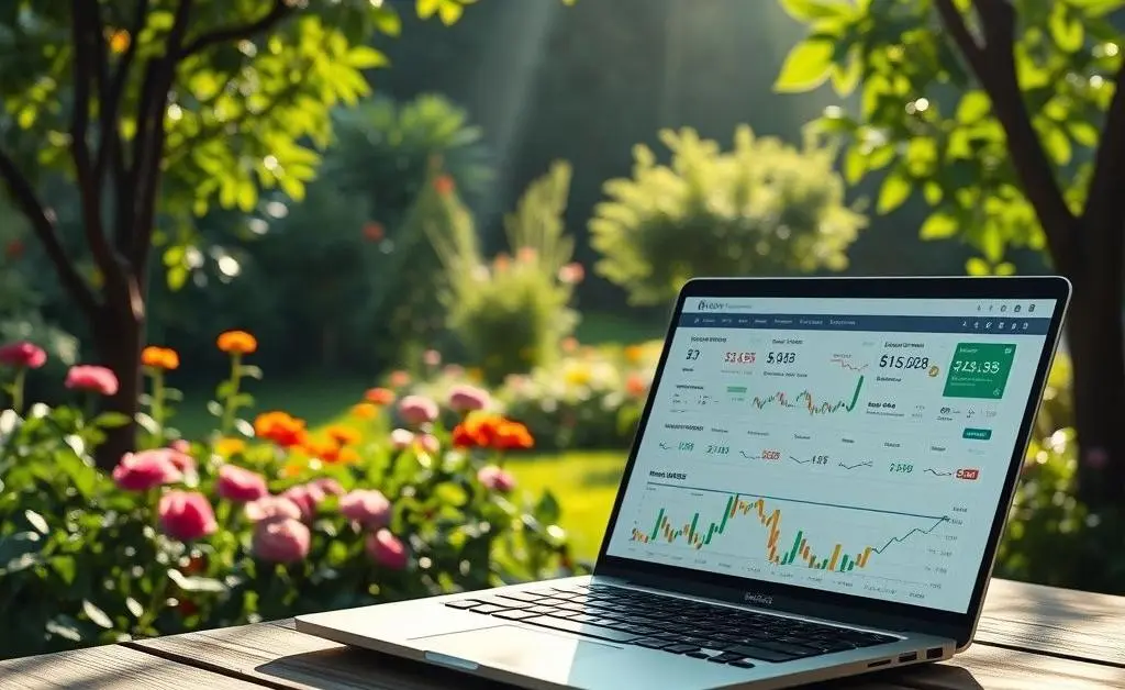 A tranquil scene of a garden with a laptop showing an investment dashboard.