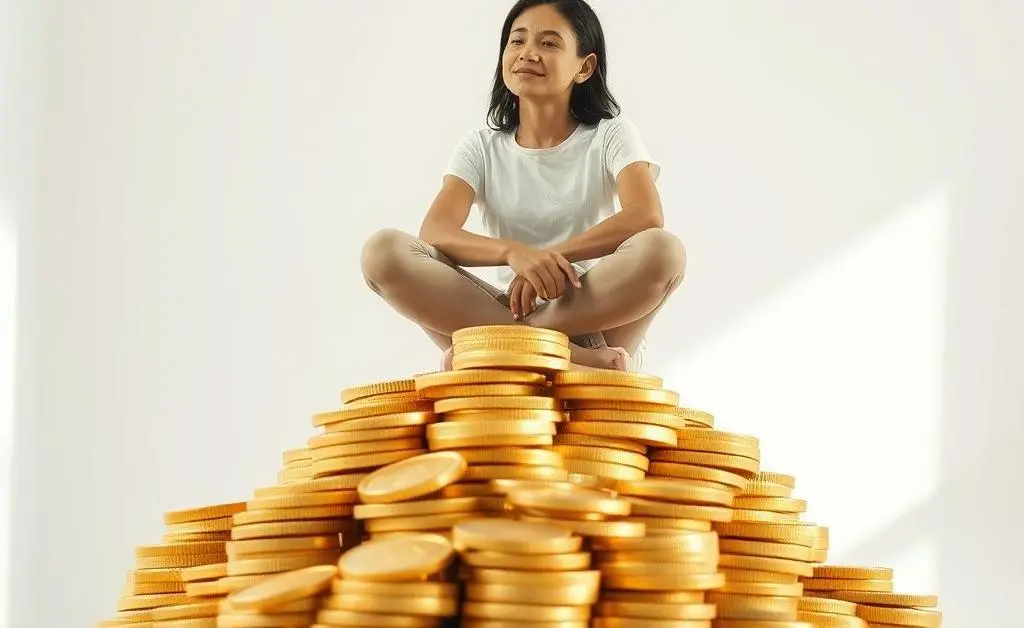 A person sitting peacefully on a stack of coins.