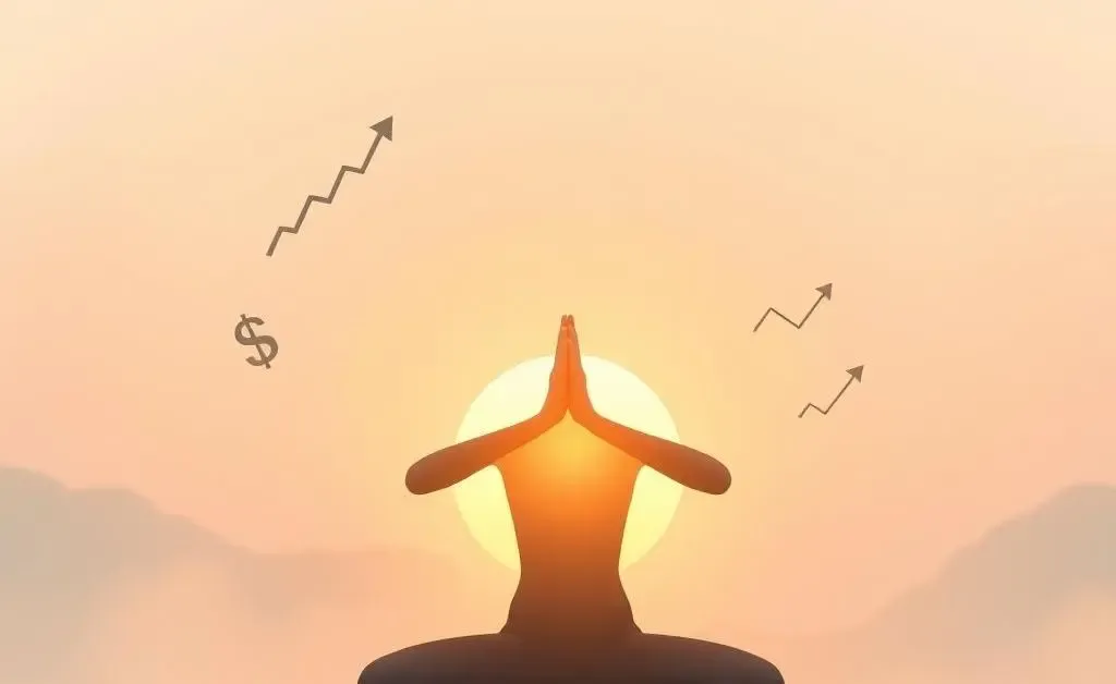 A peaceful individual engaging in a calming activity like yoga, with symbols of investments around them