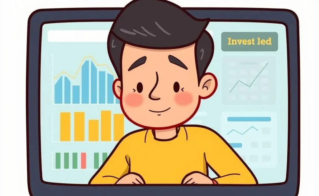 Cartoon-style image of a person calmly monitoring investments on a screen.