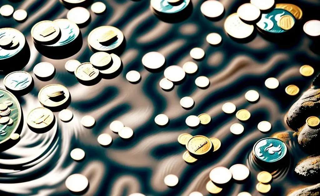 A hand-drawn river scene symbolizing calm decision making, with coins gently floating on the water.