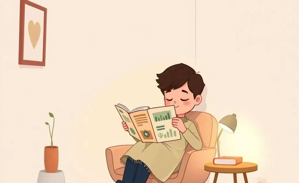 A cozy, minimalist room with a person calmly reading finance books.