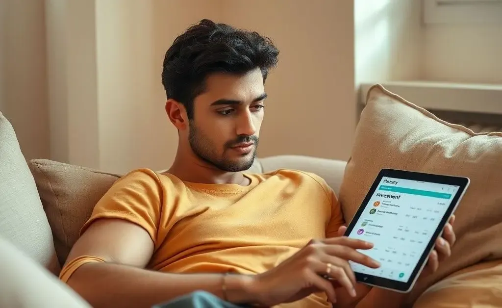 A relaxed person sitting in a quiet room, looking at investment options displayed on a tablet.