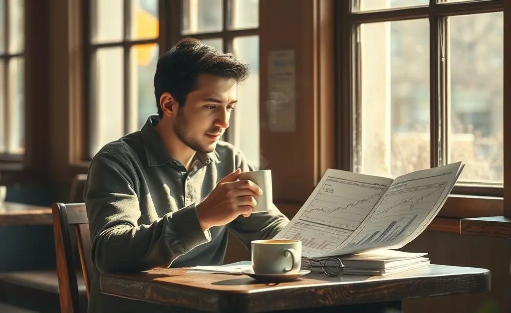 A serene setting with a person peacefully reviewing their investment strategy.