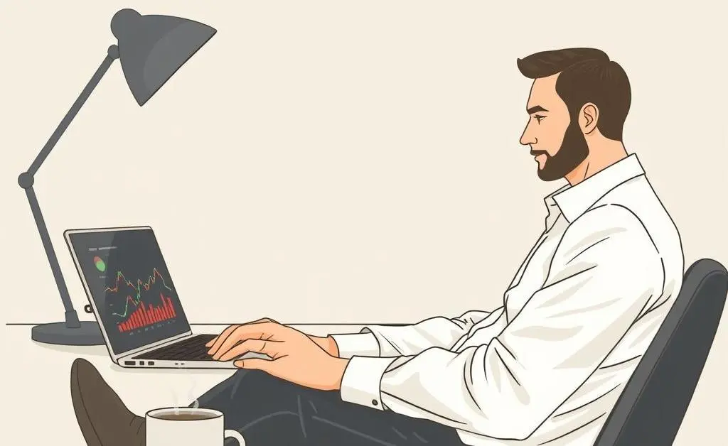 A serene desk scene with a calm investor, a laptop showing stock trends, and a cup of coffee, drawn in a clean, modern style.