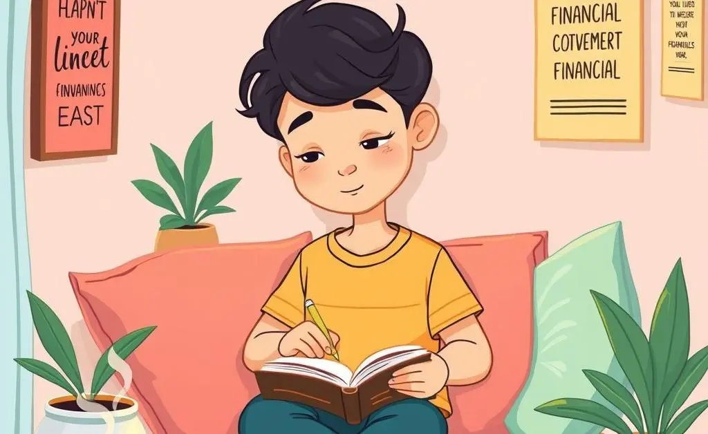 A cartoon-style image of a calm person journaling about their investment plans in a cozy corner.