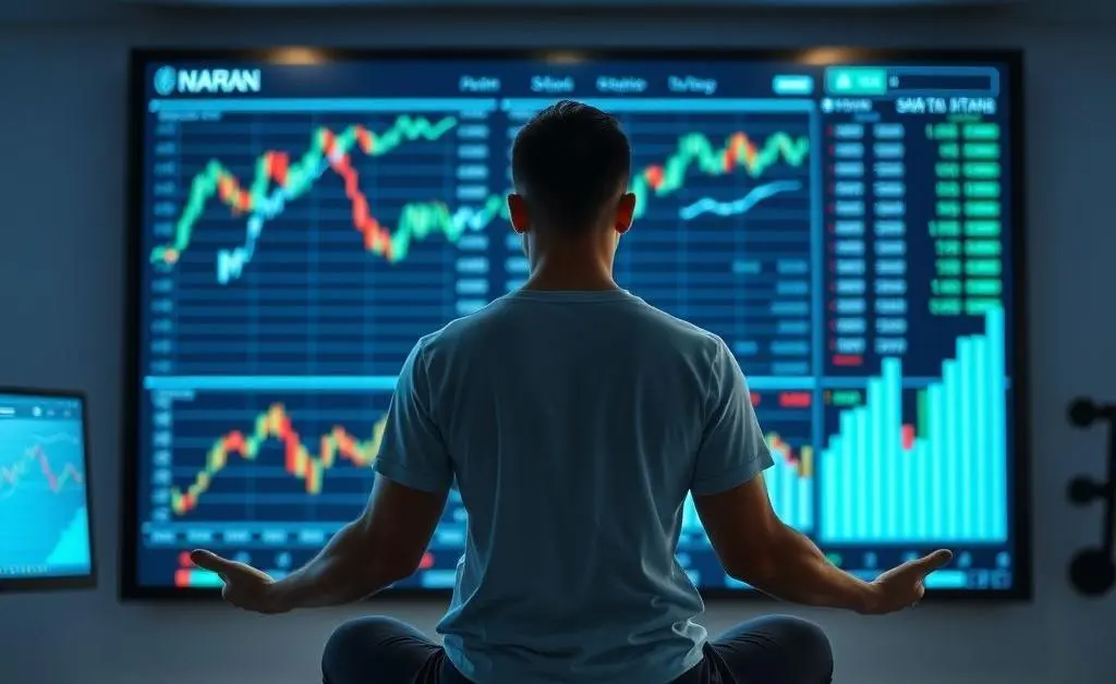 Person meditating in front of a stock market screen