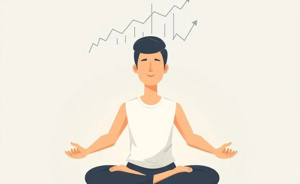 A minimalistic cartoon image of a person meditating with financial graphs floating above them, symbolizing calm and clear investment thinking.
