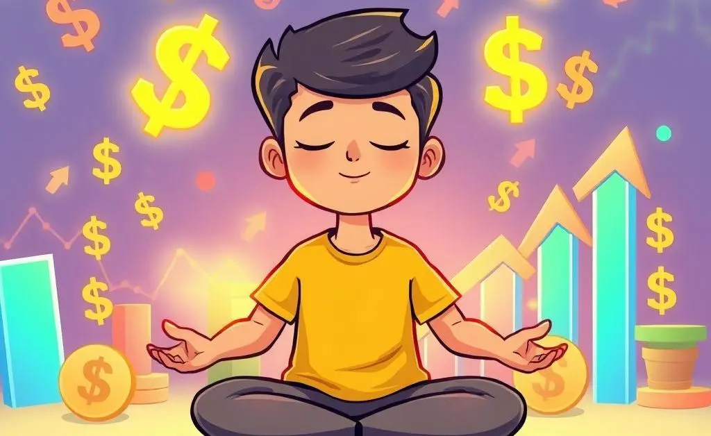 A cartoon-style image of a person meditating peacefully among financial symbols like dollar signs and stock arrows.