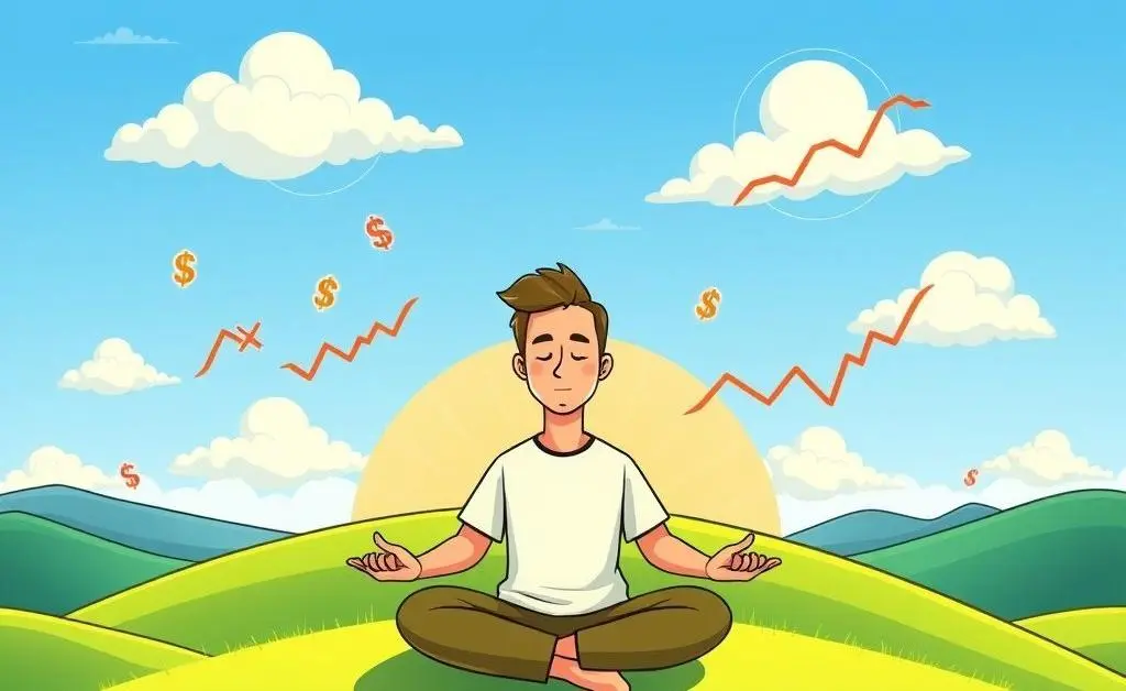 A cartoon landscape with a meditative scene, showing an investor sitting calmly, surrounded by stock market graphs.