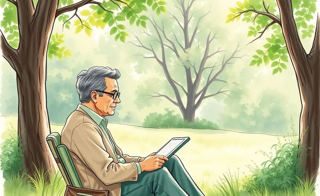 Investor in a peaceful setting contemplating investment decisions