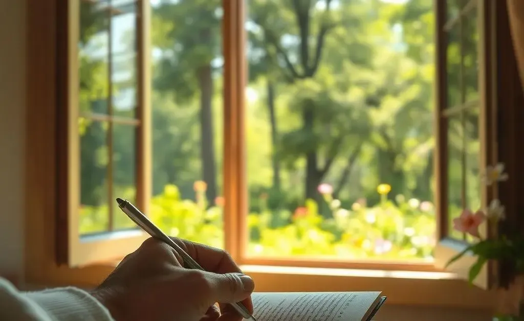 Person writing in a journal by the window