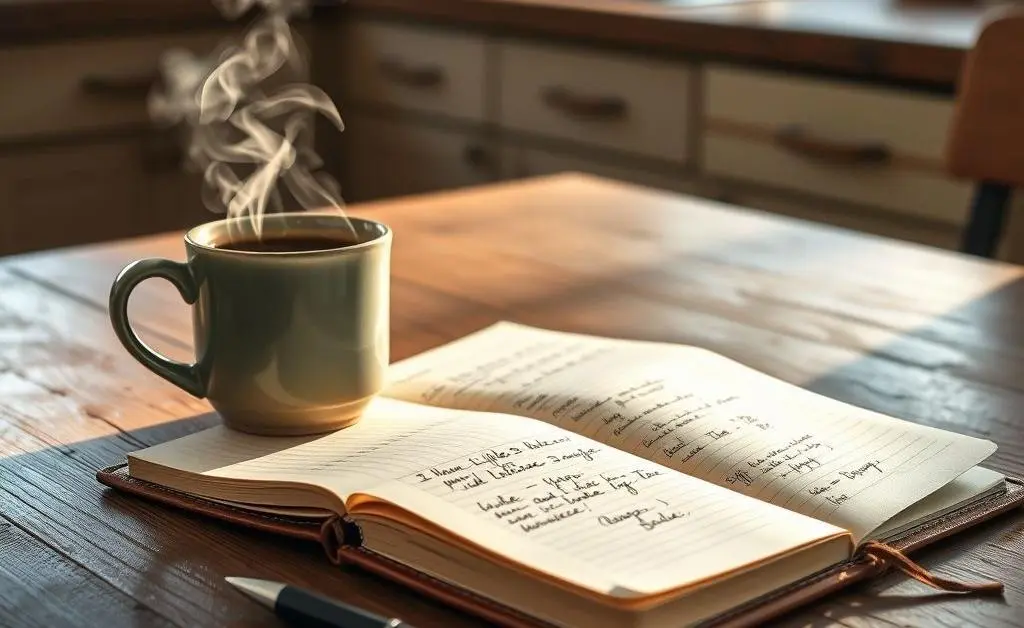 A simple kitchen table with coffee, a notebook, and a pen.