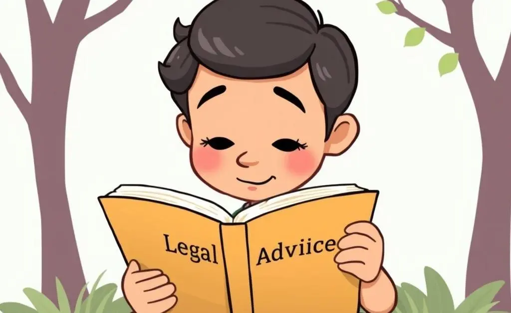 A cartoon character reading a legal advice book, with calming surroundings.