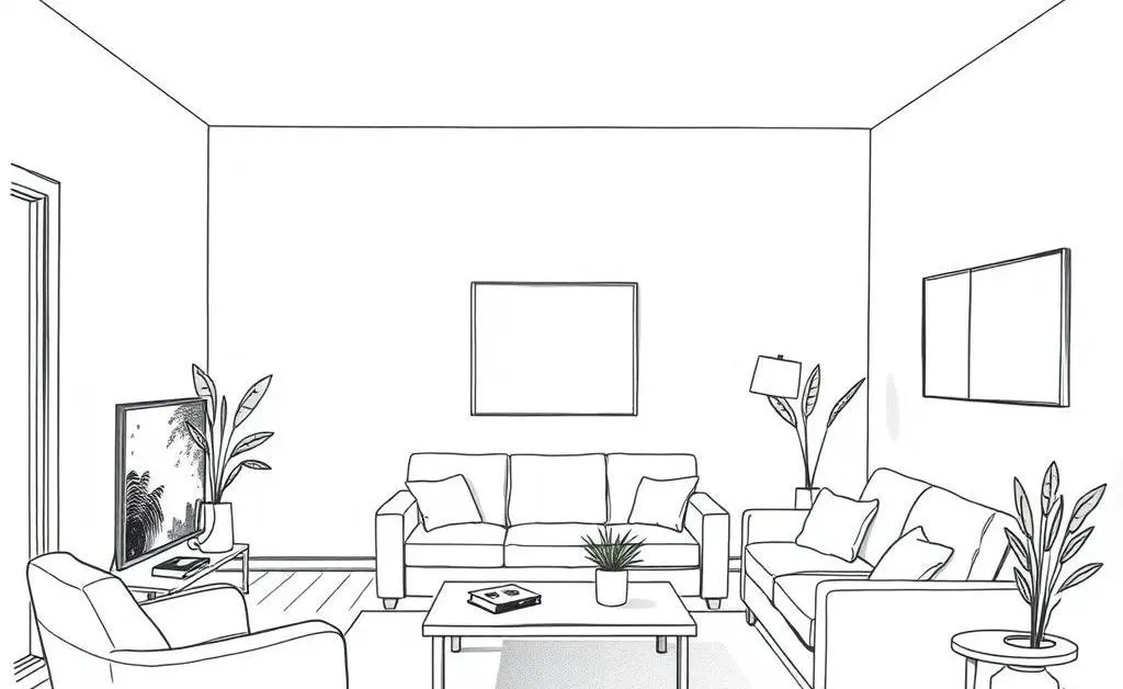 Hand-drawn image of a serene living room with minimal furniture and natural light.