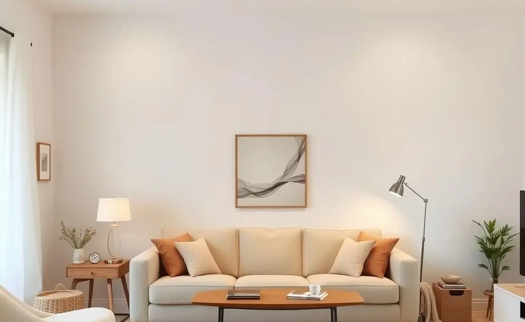 A calm living room with a light color palette, featuring a comfy sofa, soft lighting, and a few personal mementos.
