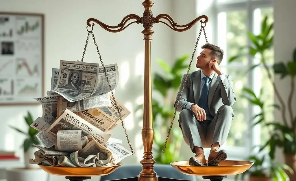 A balance scale with stock market news and a calm investor