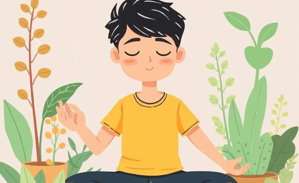 A person taking a meditation break surrounded by plants