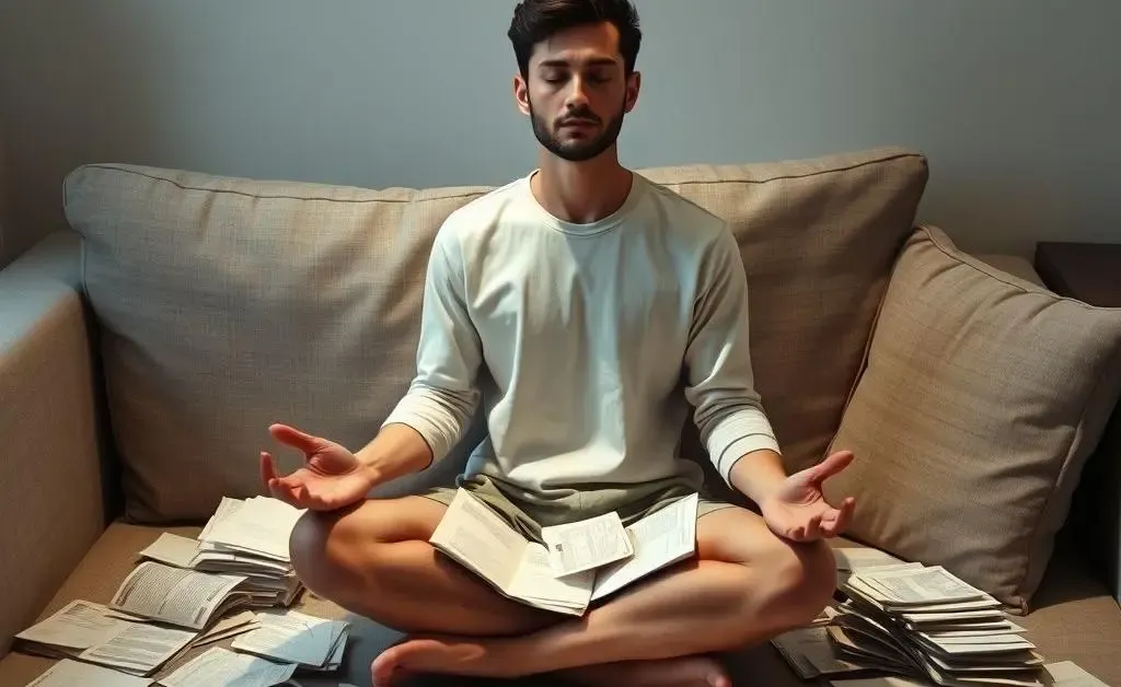 Person meditating amidst financial bills to relieve stress.
