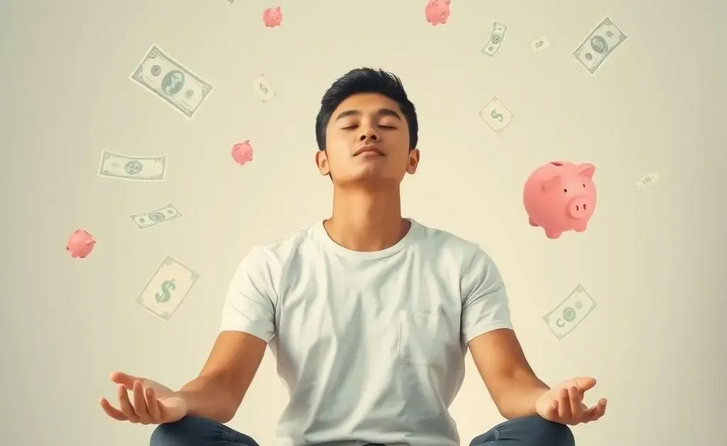 A person sitting calmly with closed eyes, surrounded by floating financial symbols like dollars and piggy bank