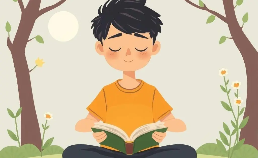 A person meditating with books and calm surroundings, cartoon style