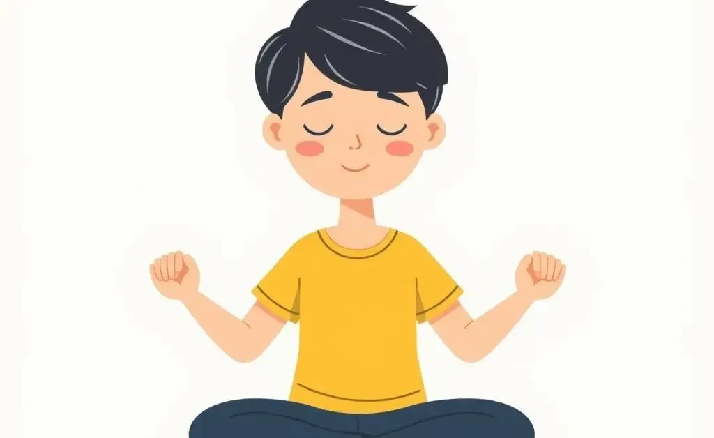 A calm cartoon-style illustration of a person meditating, emphasizing mental health care during job transitions.