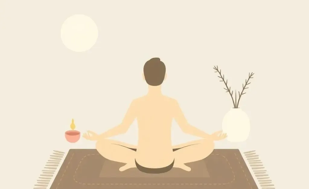 A person meditating on a rug with calming elements around them.