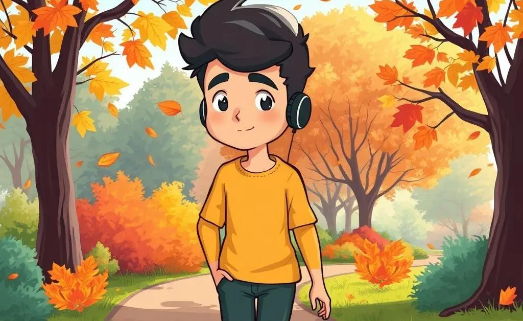 A person enjoying a solitary walk through a park, finding peace amidst autumn leaves.