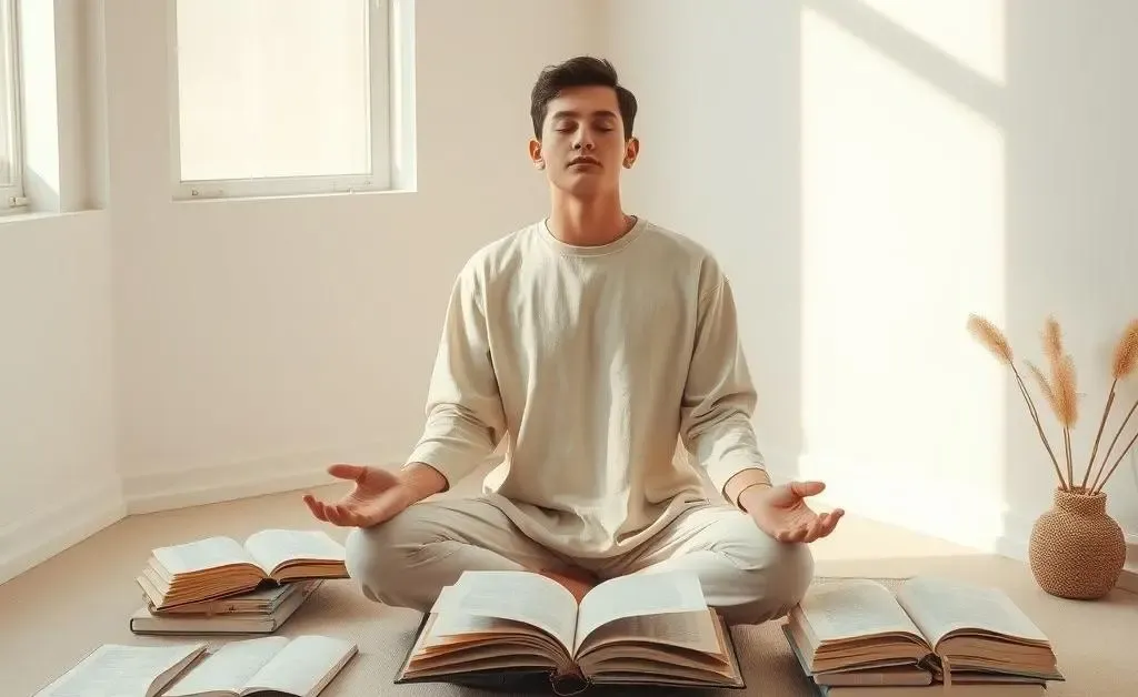 A calm, minimalist scene showing a person meditating next to study materials.