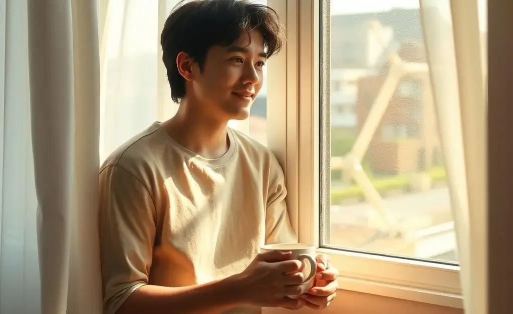 A person sitting calmly with a cup of coffee at a window, looking contemplative.