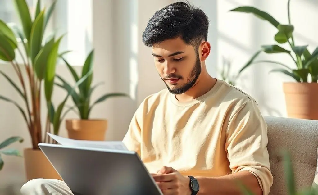A serene setting with a peaceful person managing finances on a laptop.