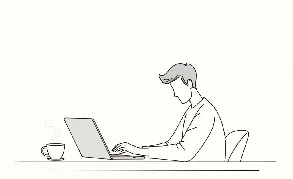 A calm person with a laptop and coffee, budgeting their finances.