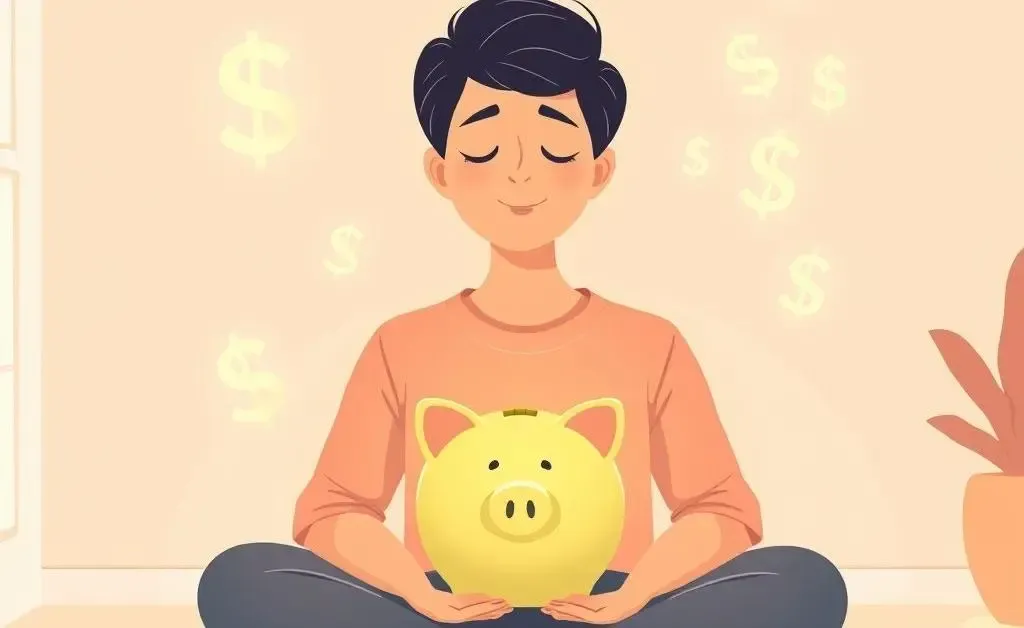 A calm person with a piggy bank and dollar signs