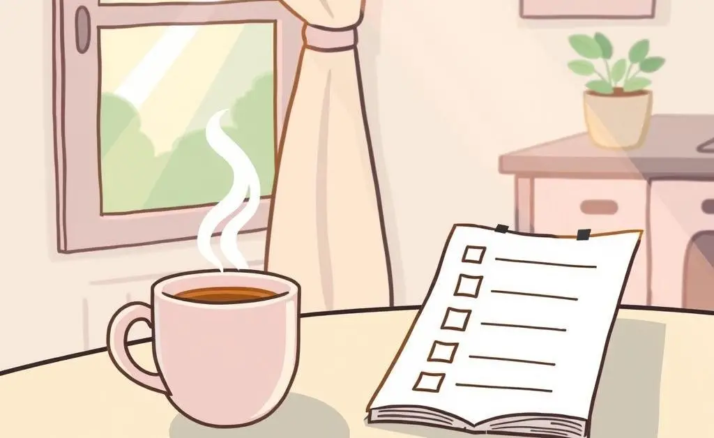 Calm morning routine with coffee and checklist