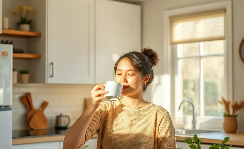 A person calmly sipping tea in a sunlit kitchen with minimal decor.