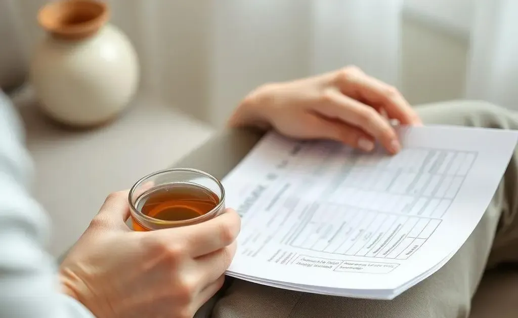 A calming scene of a person peacefully working through mortgage documents with a cup of tea.