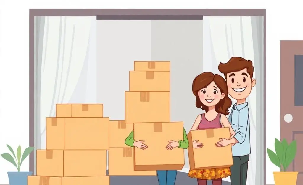 A cartoon-style image of a calm and organized moving day with packed boxes and a smiling family