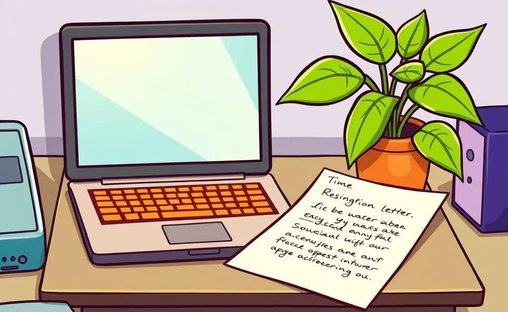 A tidy office desk with a laptop, a resignation letter, and a potted plant, in cartoon style