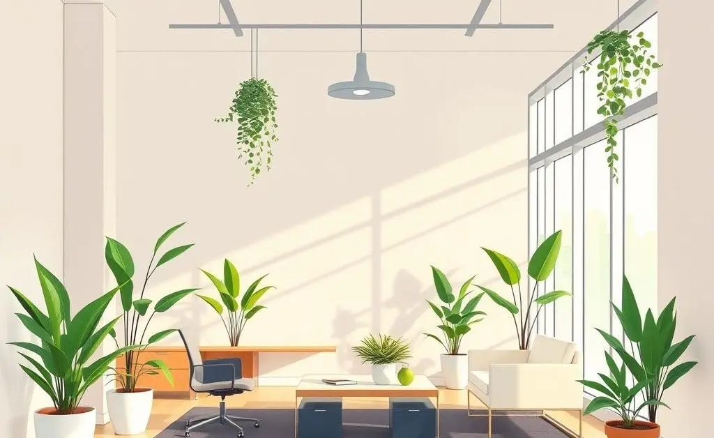 A modern, minimalist office space with plants and natural light