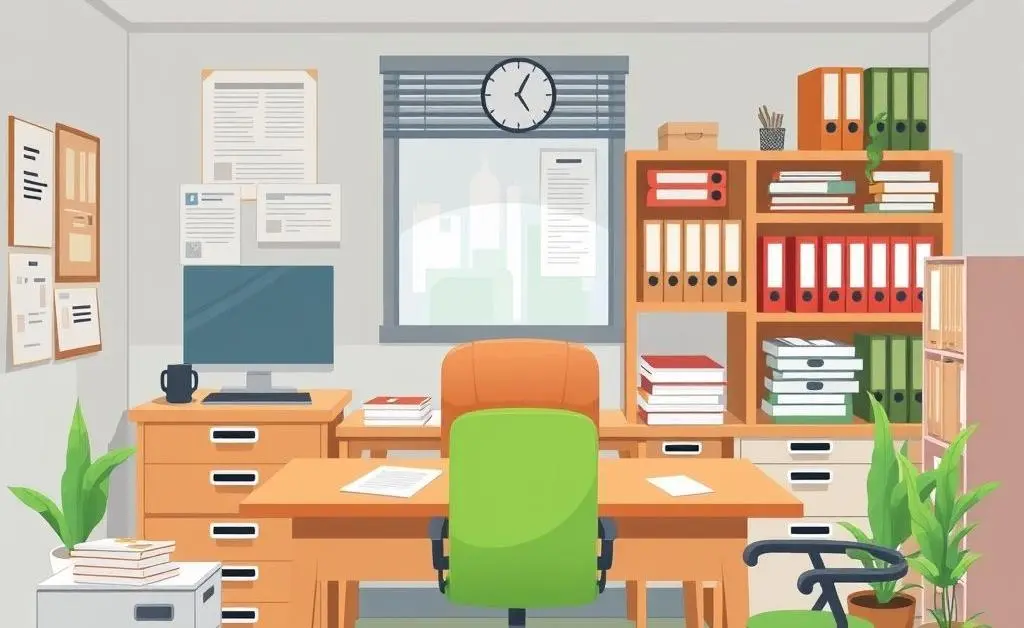A calm and organized cartoon office space, with files labeled for health insurance