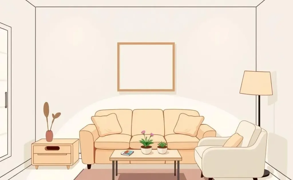 A minimalist cartoon-style illustration of a clean and organized living room.