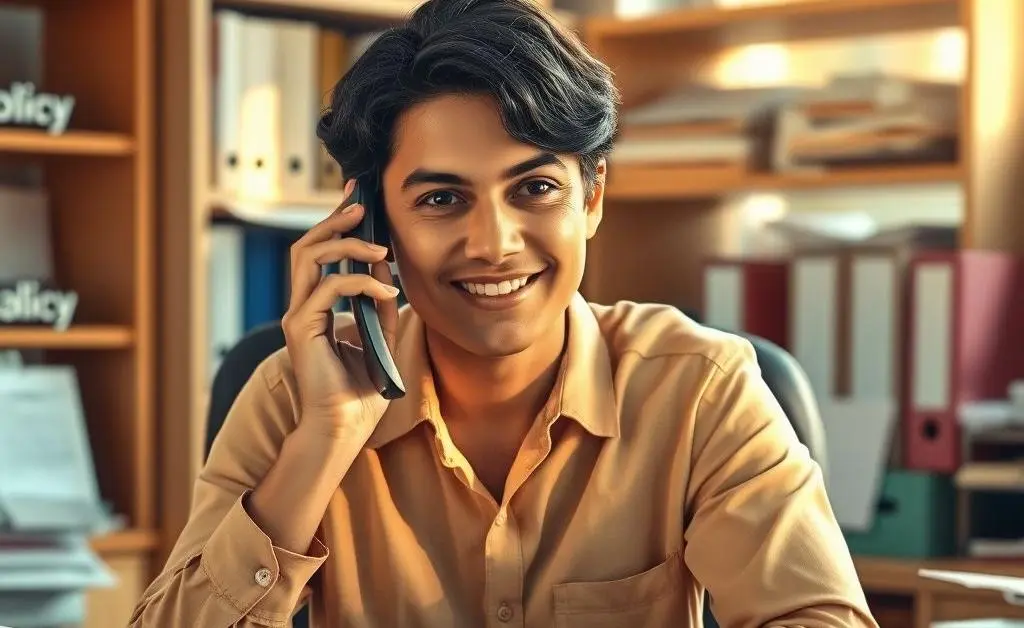 A relaxed person confidently speaking on a phone, surrounded by papers.