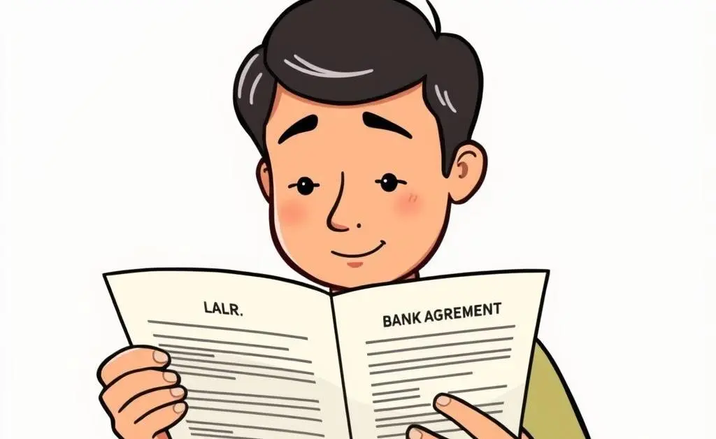 Cartoon-style image of a calm person reading a banking agreement thoughtfully.