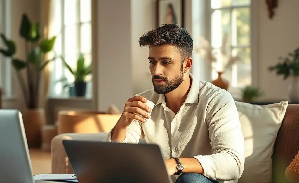 A serene scene of someone managing their portfolio at a coffee table.