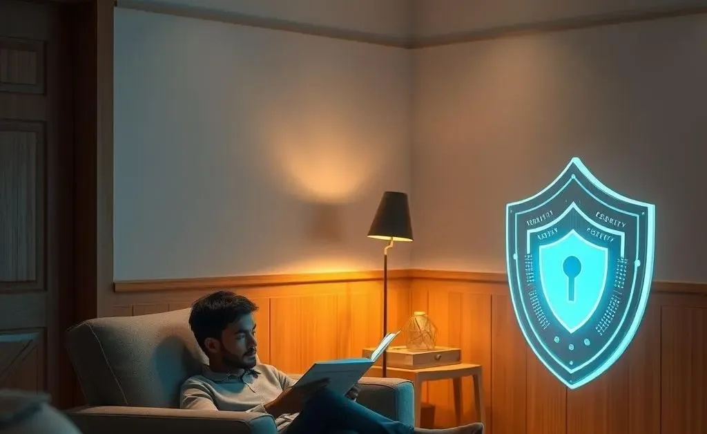 Person in a calm setting with security elements.
